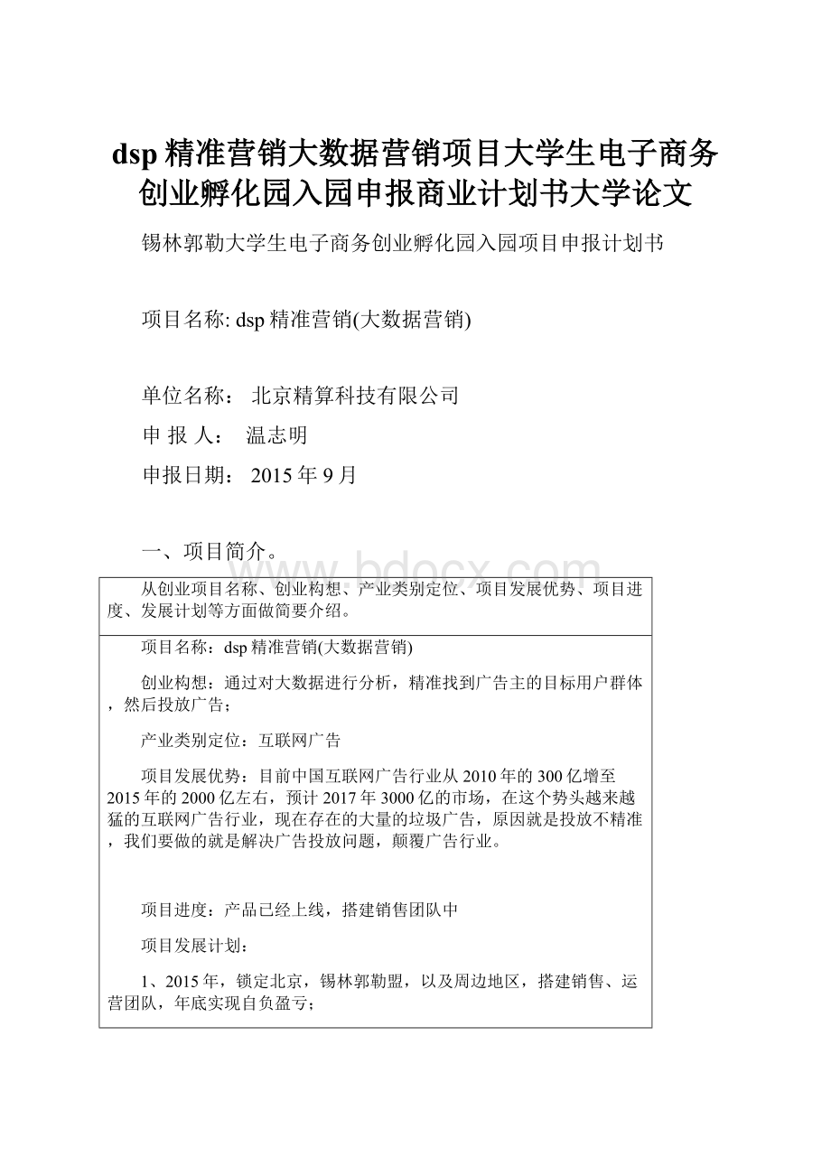 dsp精准营销大数据营销项目大学生电子商务创业孵化园入园申报商业计划书大学论文.docx_第1页