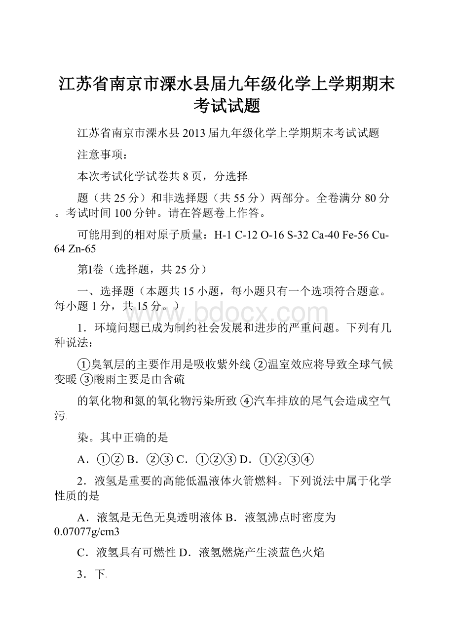 江苏省南京市溧水县届九年级化学上学期期末考试试题.docx_第1页