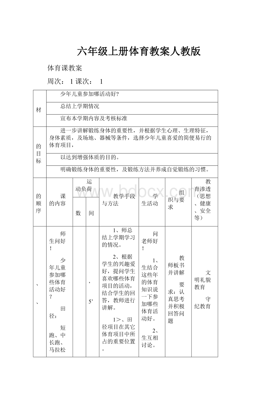 六年级上册体育教案人教版.docx_第1页