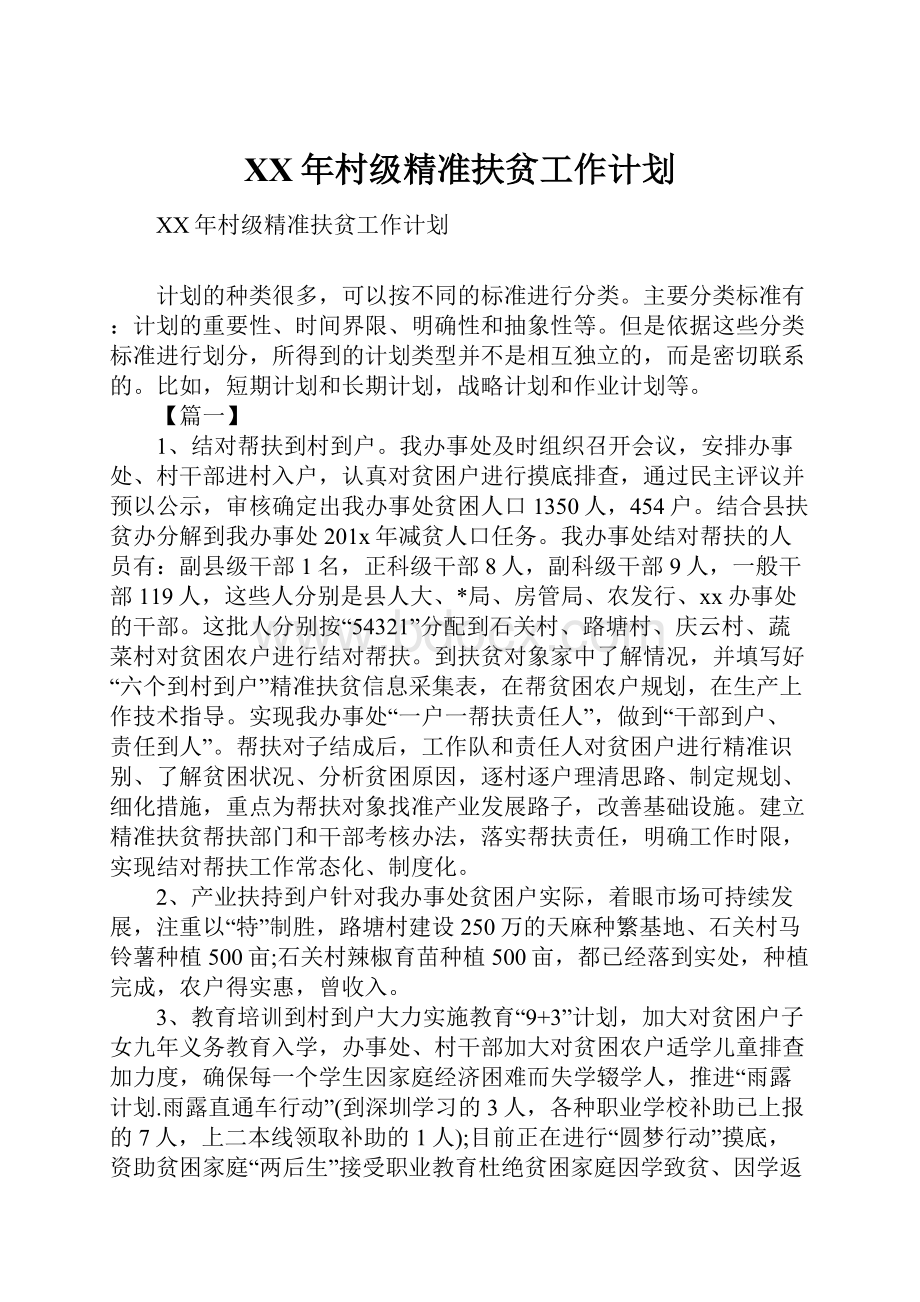 XX年村级精准扶贫工作计划Word文档下载推荐.docx