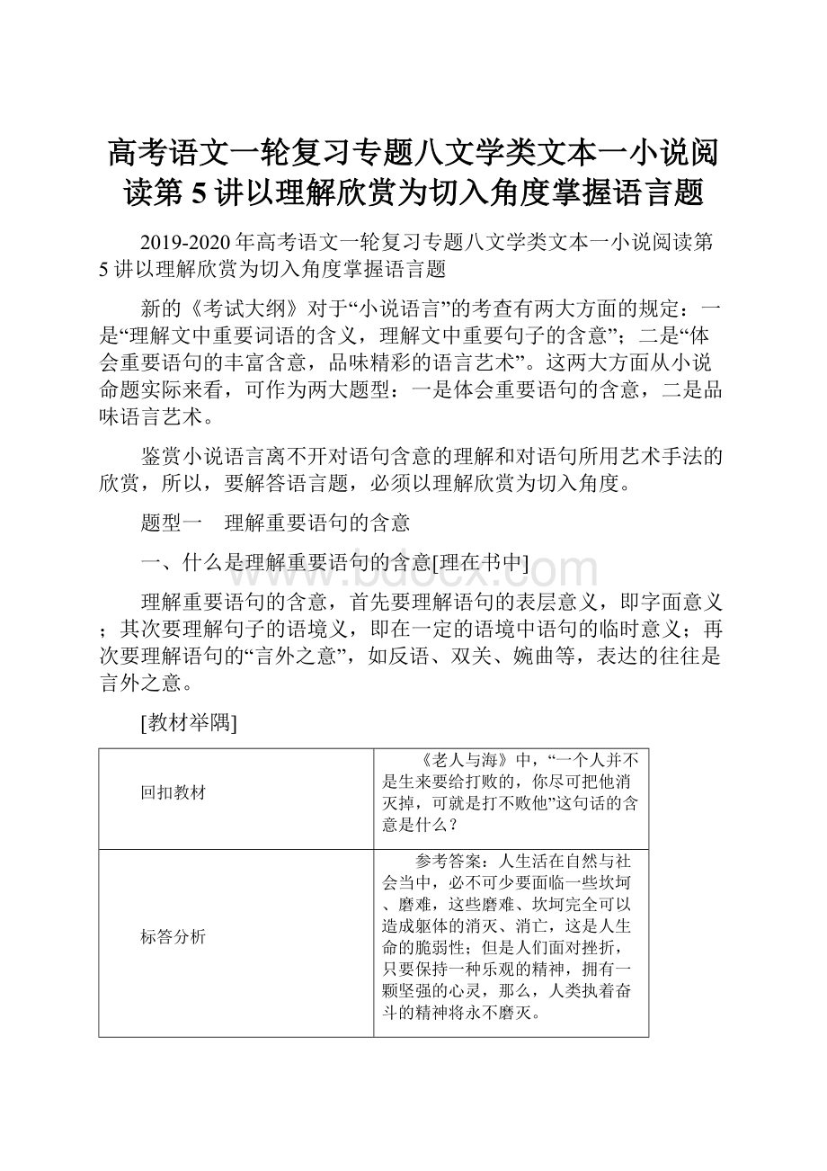 高考语文一轮复习专题八文学类文本一小说阅读第5讲以理解欣赏为切入角度掌握语言题Word文档下载推荐.docx