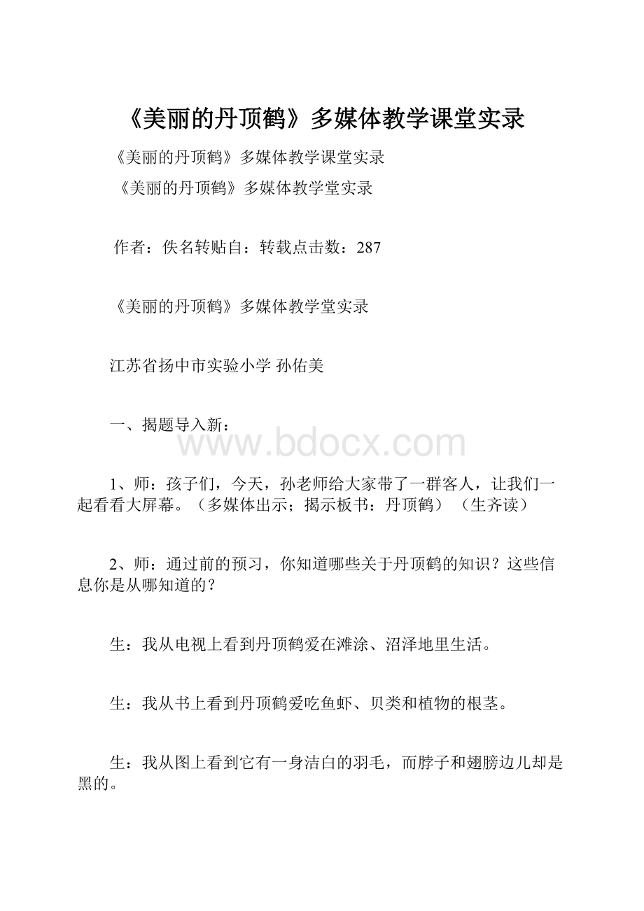 《美丽的丹顶鹤》多媒体教学课堂实录Word文件下载.docx_第1页