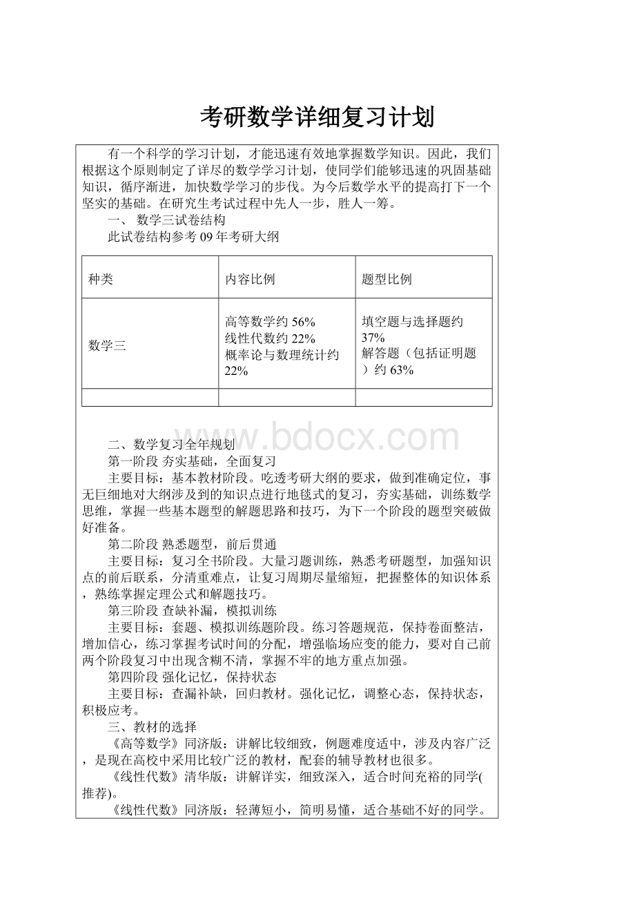 考研数学详细复习计划Word文档下载推荐.docx