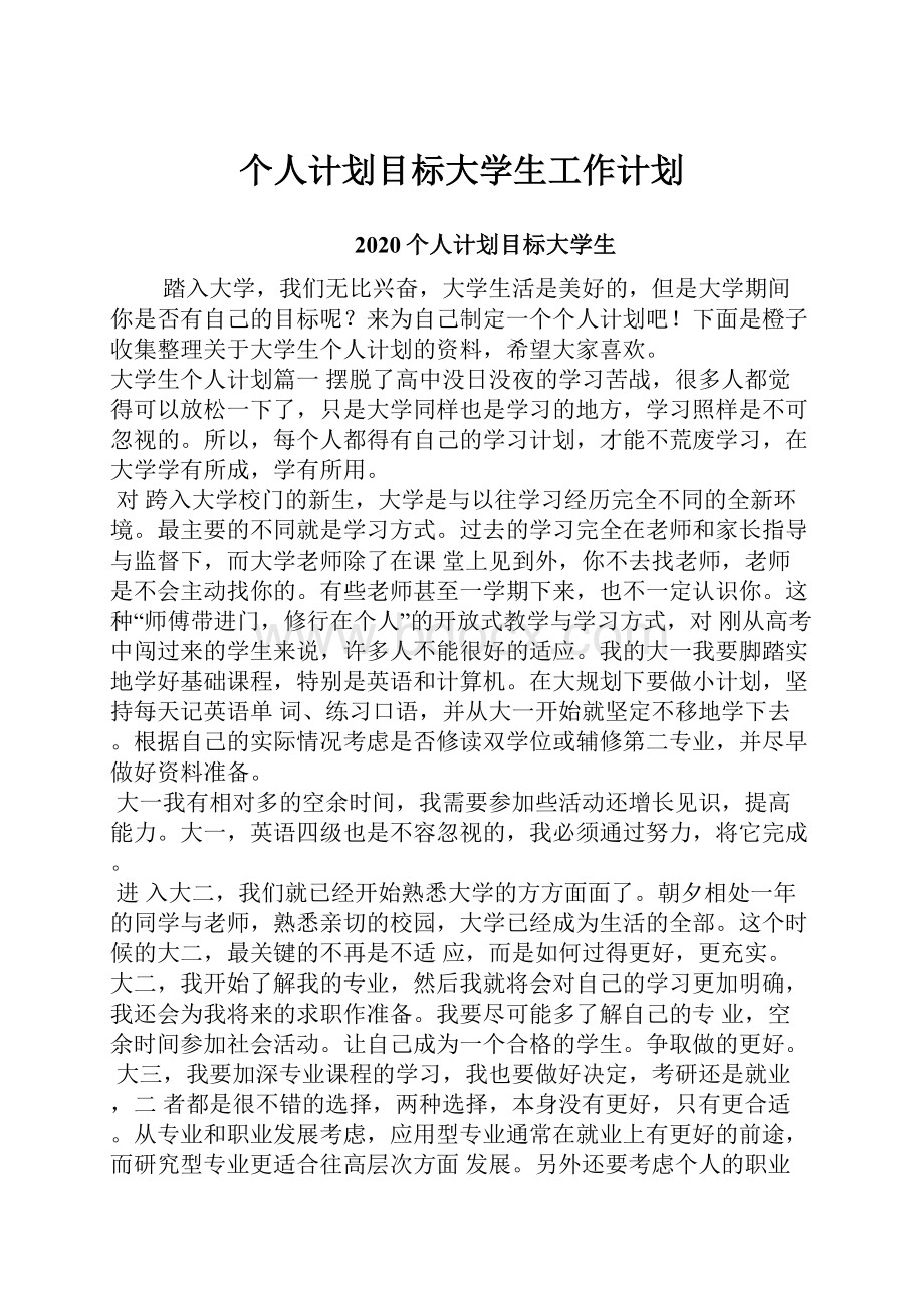 个人计划目标大学生工作计划.docx_第1页