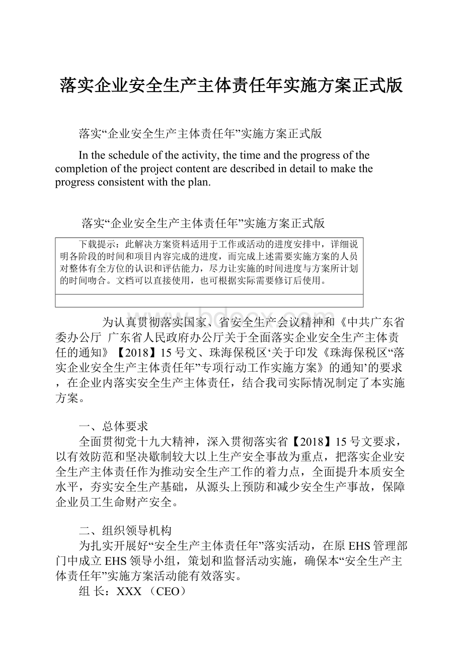 落实企业安全生产主体责任年实施方案正式版.docx_第1页