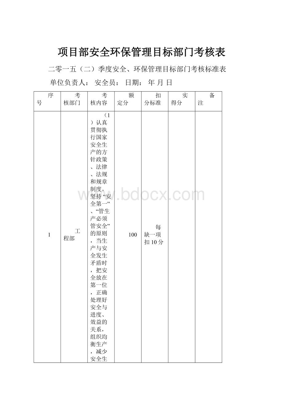 项目部安全环保管理目标部门考核表.docx