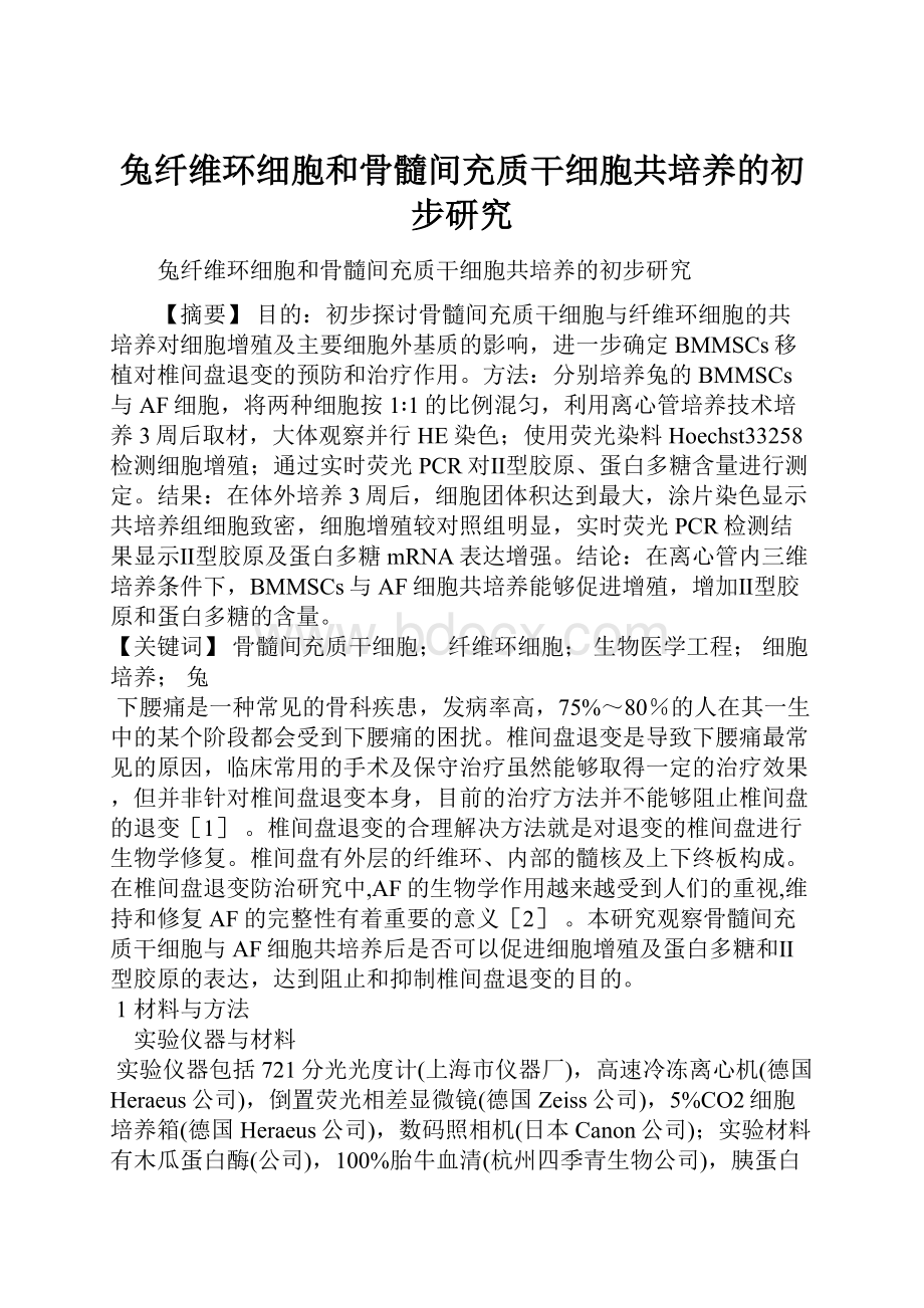 兔纤维环细胞和骨髓间充质干细胞共培养的初步研究.docx_第1页