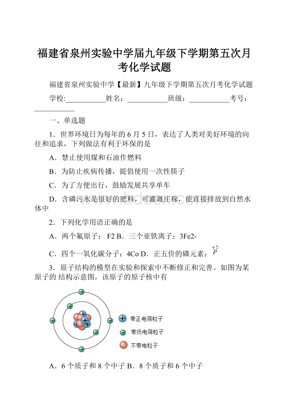 福建省泉州实验中学届九年级下学期第五次月考化学试题.docx_第1页