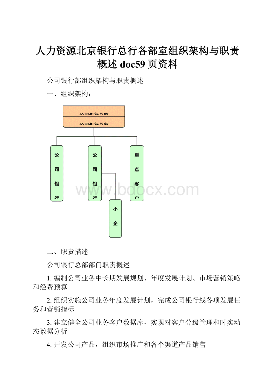 人力资源北京银行总行各部室组织架构与职责概述doc59页资料.docx