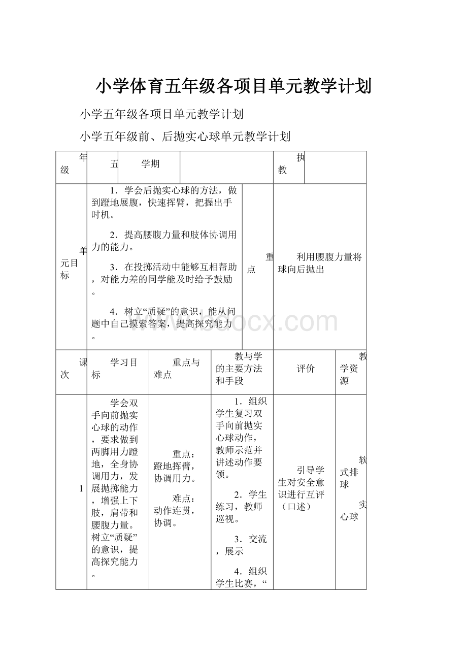 小学体育五年级各项目单元教学计划.docx_第1页