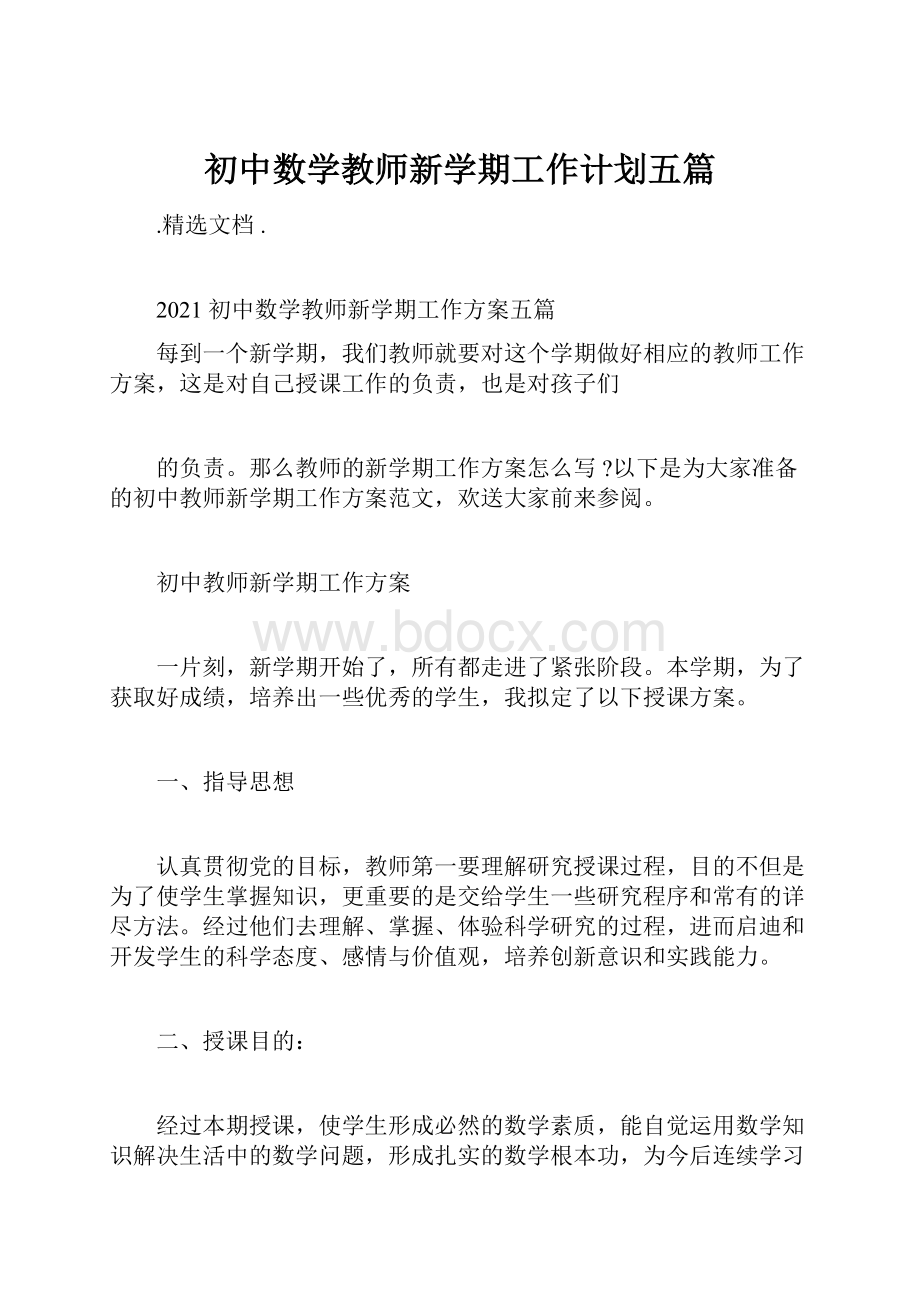 初中数学教师新学期工作计划五篇.docx