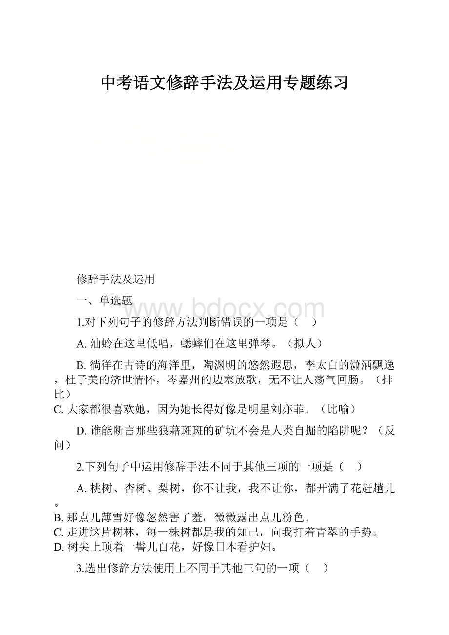 中考语文修辞手法及运用专题练习.docx_第1页