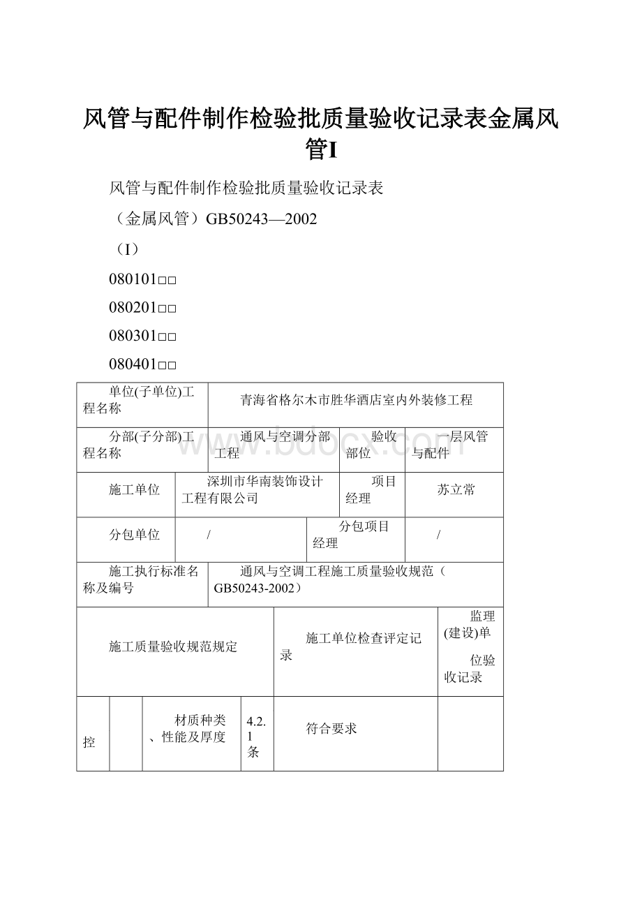 风管与配件制作检验批质量验收记录表金属风管Ⅰ.docx