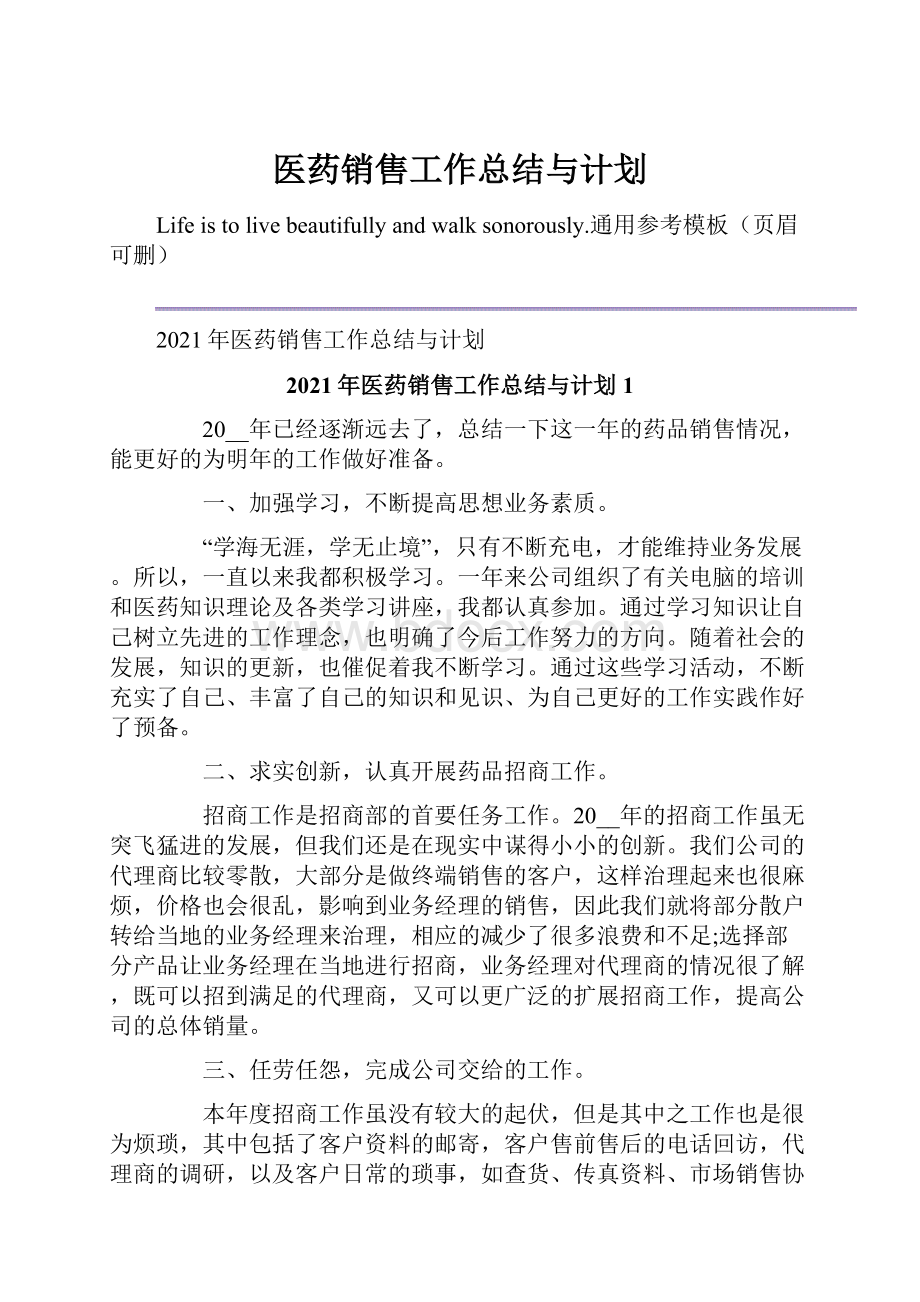 医药销售工作总结与计划.docx_第1页