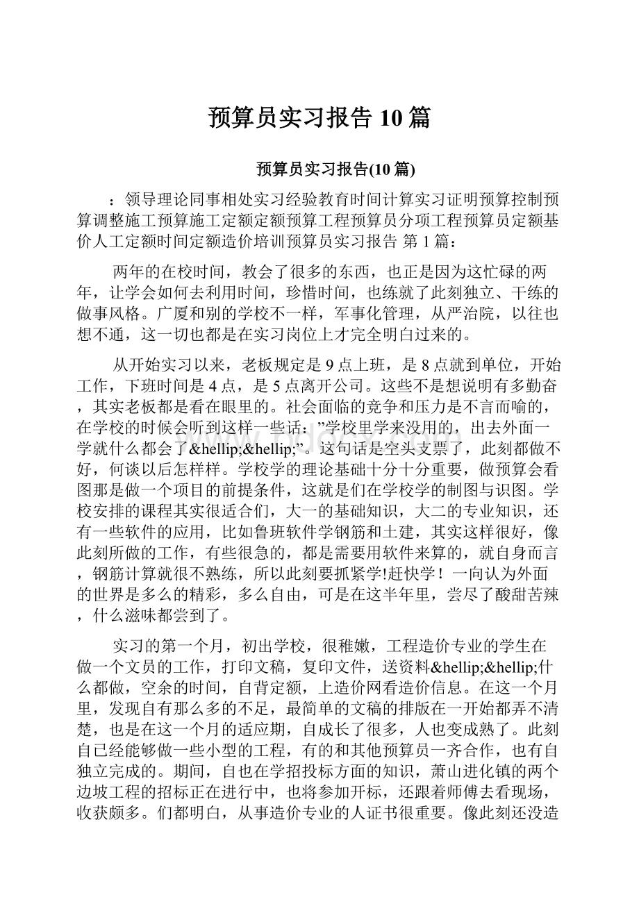 预算员实习报告10篇文档格式.docx