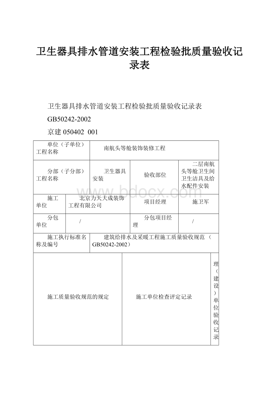 卫生器具排水管道安装工程检验批质量验收记录表.docx_第1页