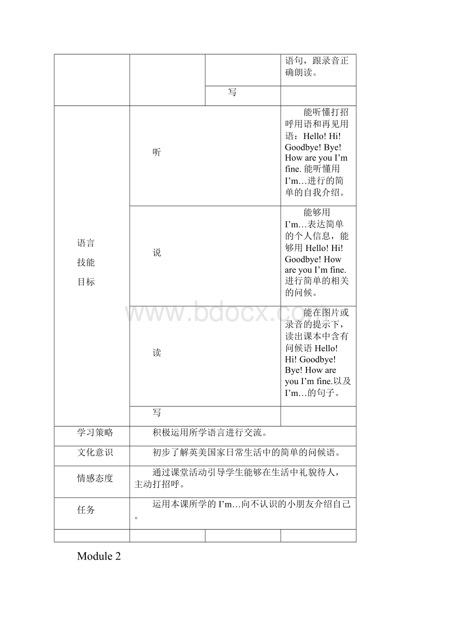 新标准英语一起第一册第一模块教学目标.docx_第2页