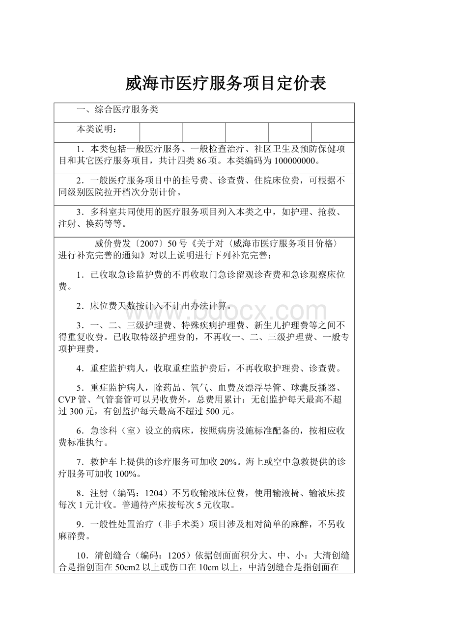 威海市医疗服务项目定价表.docx