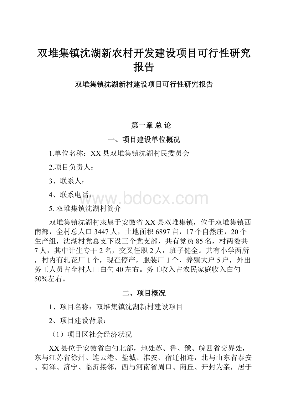 双堆集镇沈湖新农村开发建设项目可行性研究报告.docx_第1页