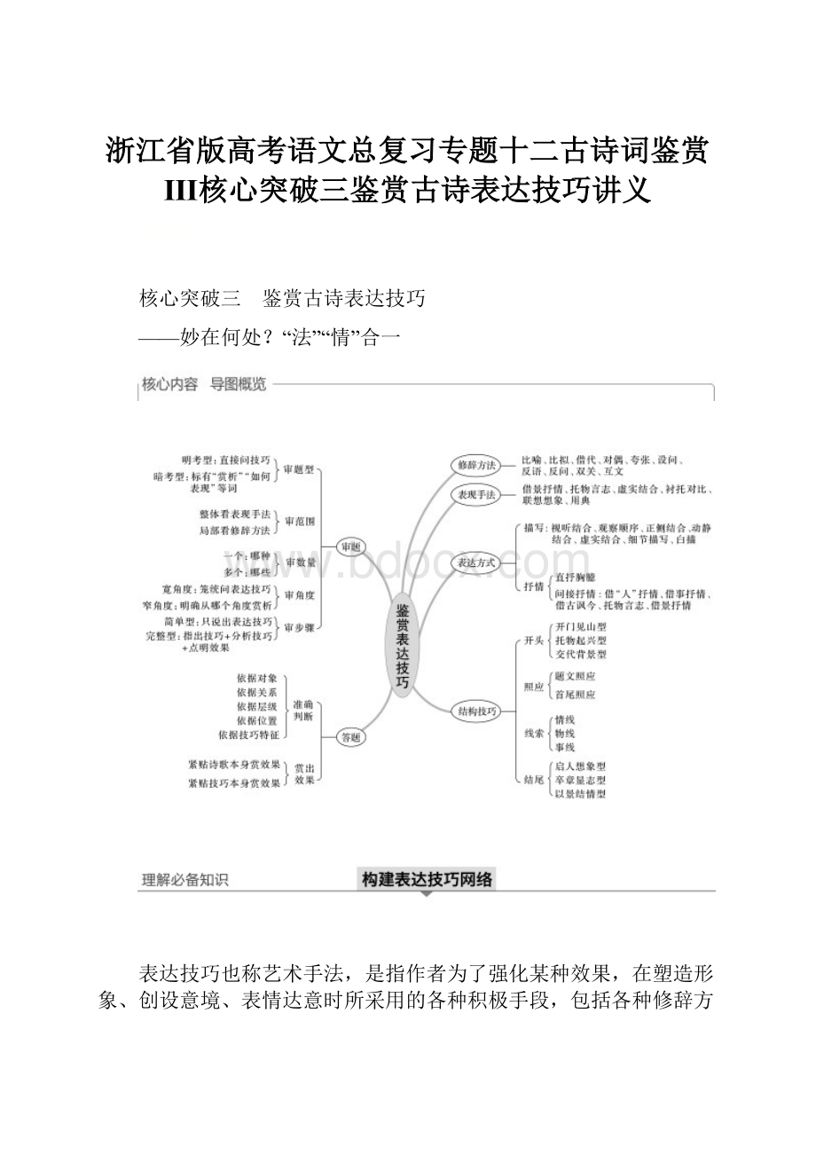 浙江省版高考语文总复习专题十二古诗词鉴赏Ⅲ核心突破三鉴赏古诗表达技巧讲义.docx_第1页