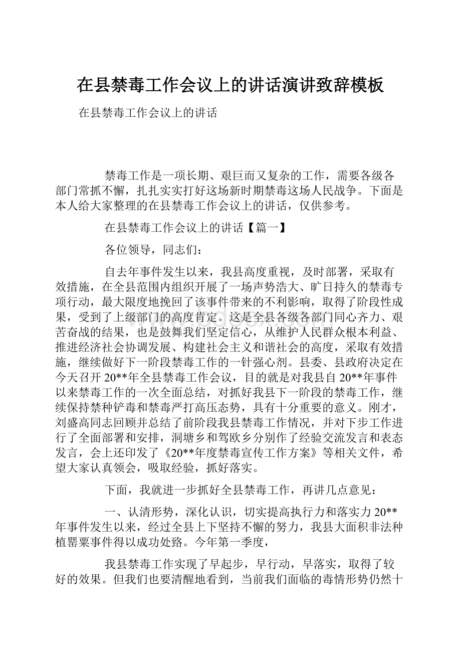 在县禁毒工作会议上的讲话演讲致辞模板.docx