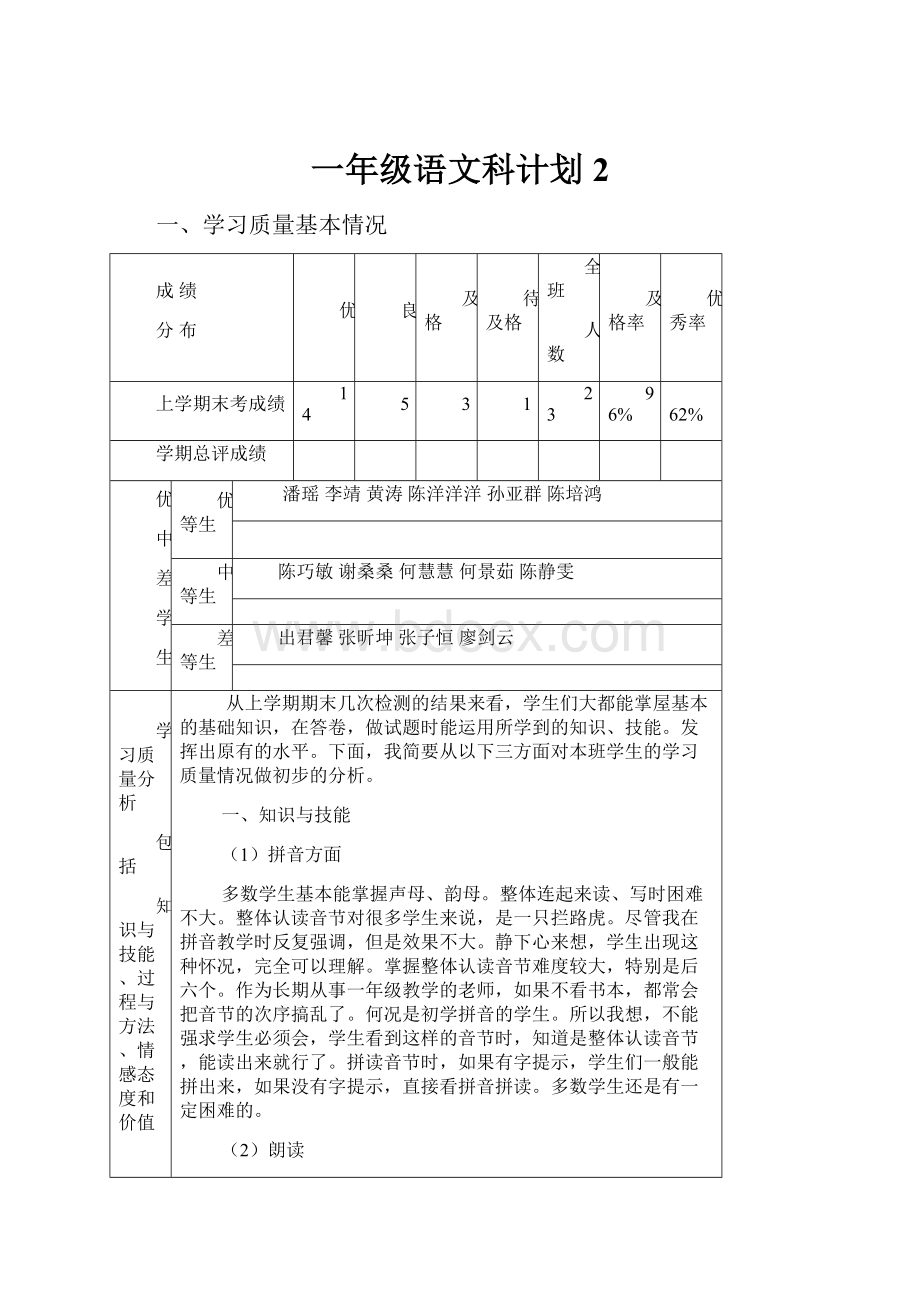 一年级语文科计划2.docx