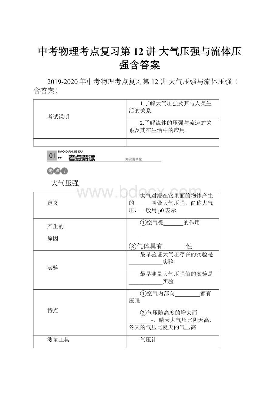 中考物理考点复习第12讲 大气压强与流体压强含答案.docx_第1页