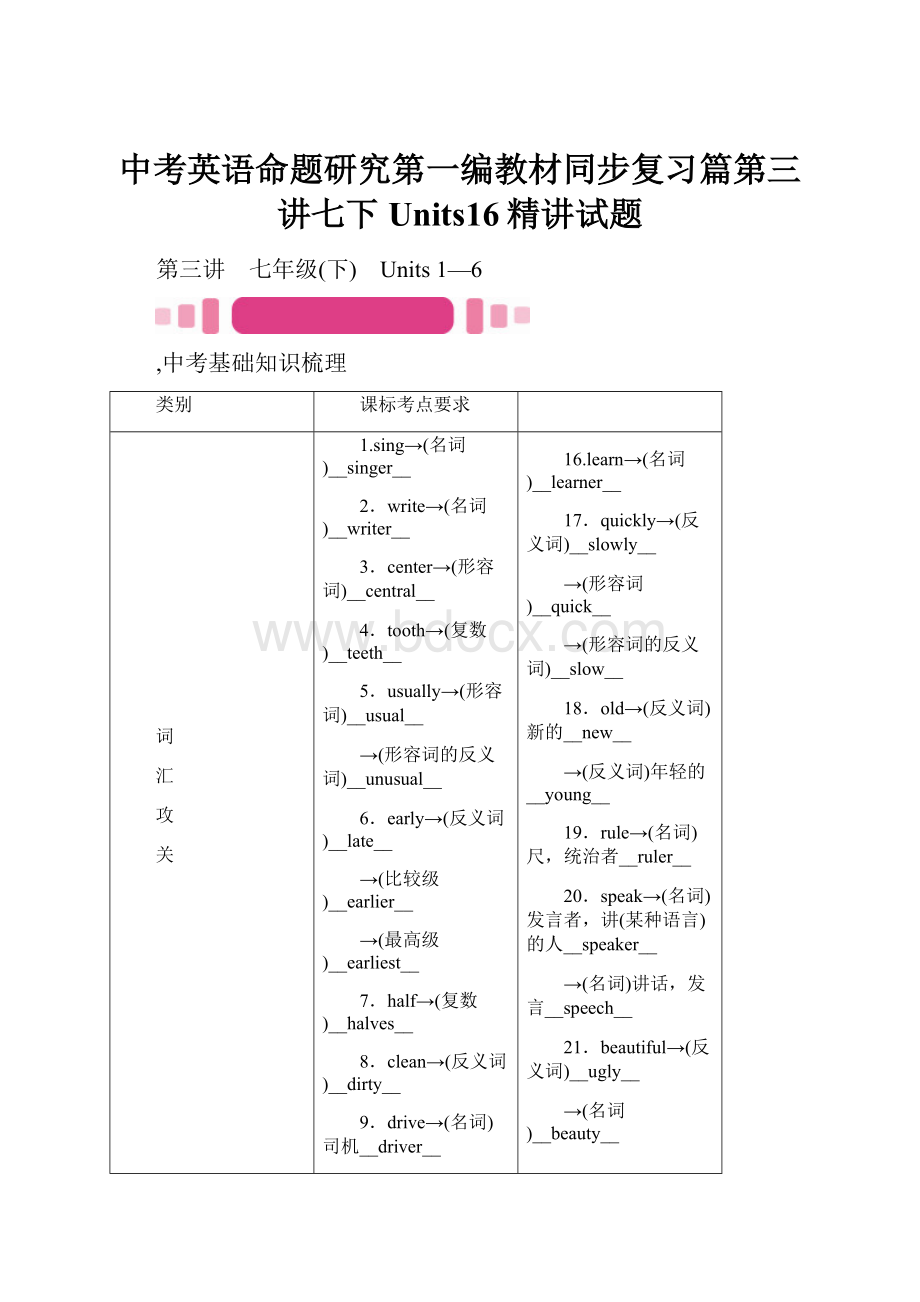 中考英语命题研究第一编教材同步复习篇第三讲七下Units16精讲试题.docx_第1页