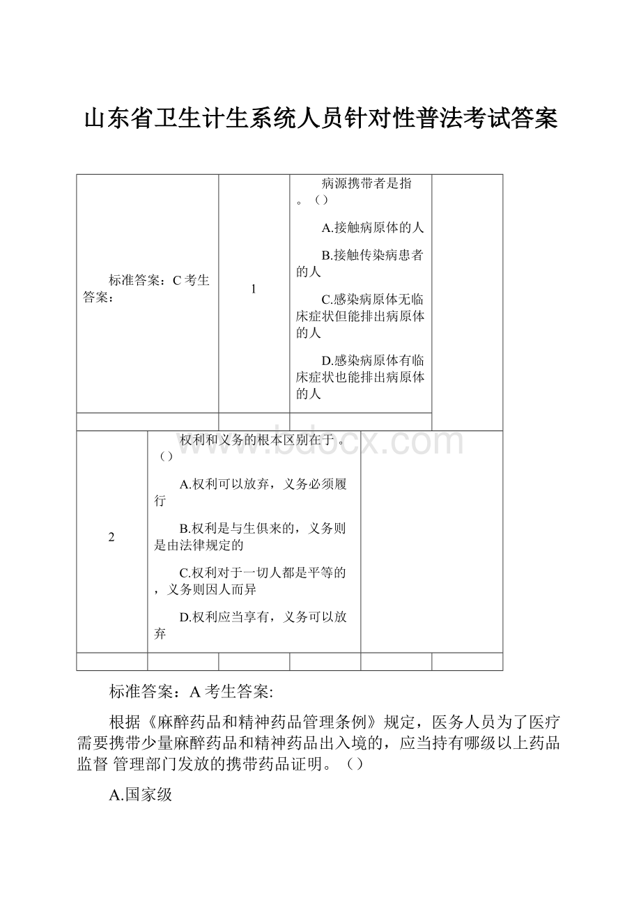 山东省卫生计生系统人员针对性普法考试答案.docx_第1页