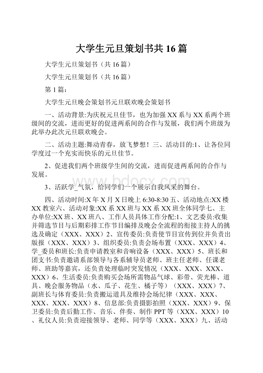 大学生元旦策划书共16篇Word格式.docx