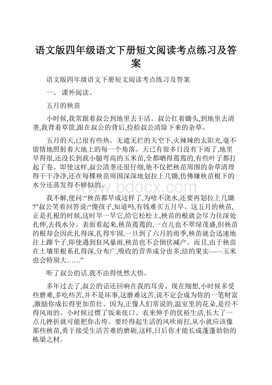 语文版四年级语文下册短文阅读考点练习及答案.docx_第1页