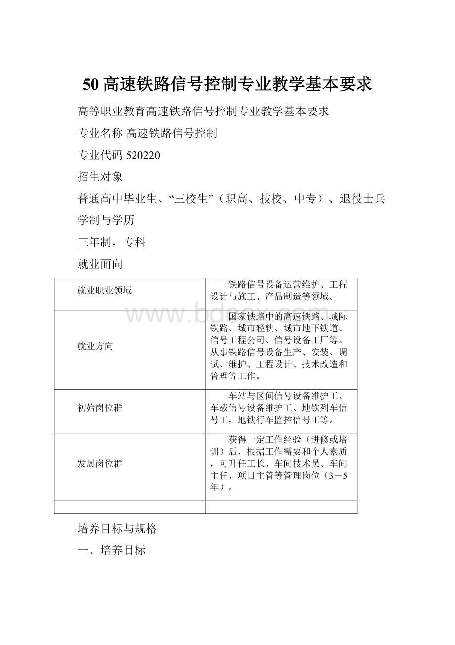 50高速铁路信号控制专业教学基本要求.docx