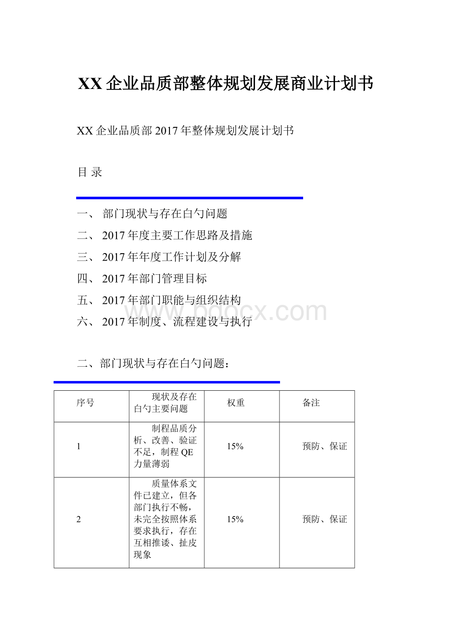 XX企业品质部整体规划发展商业计划书.docx_第1页