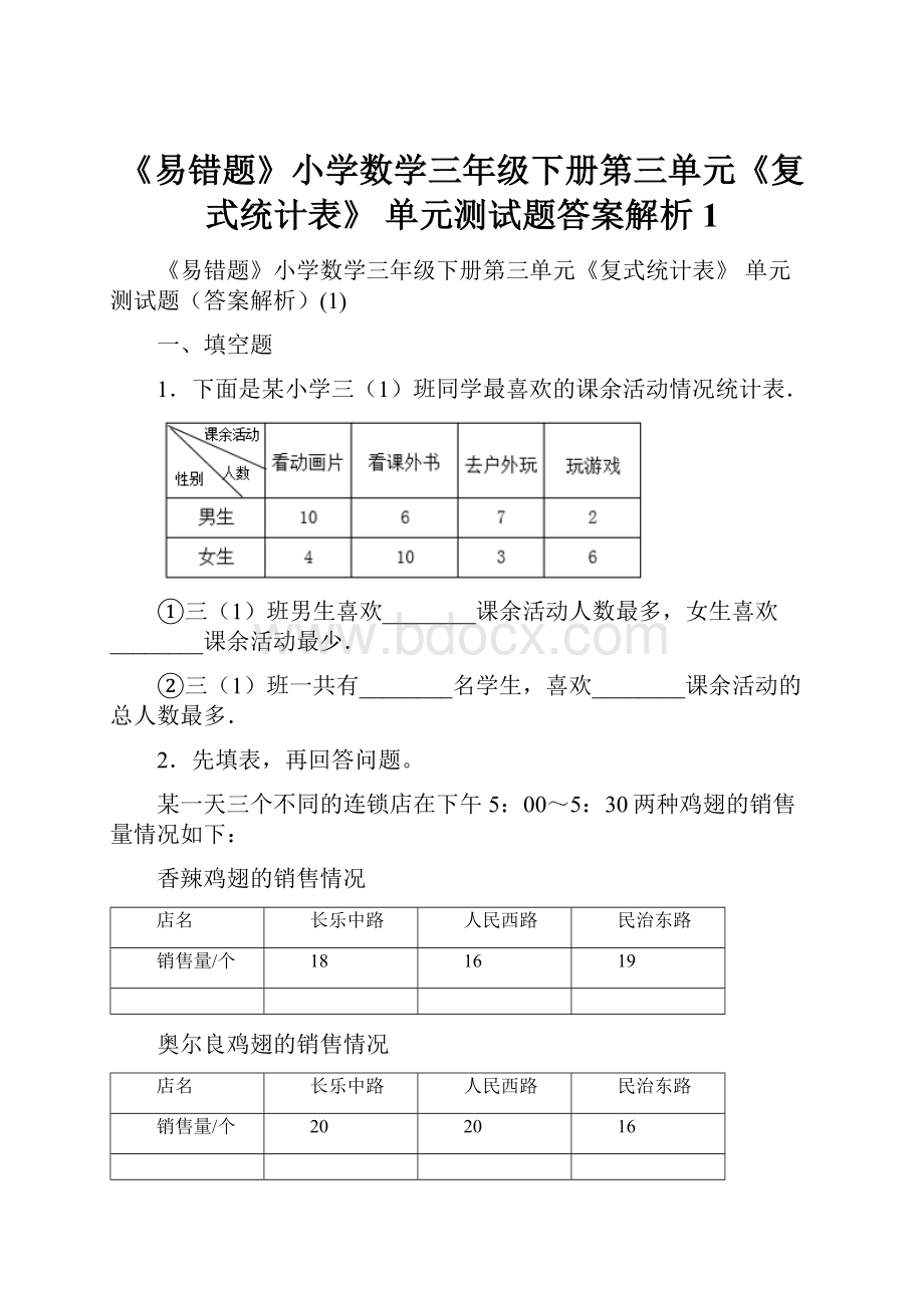 《易错题》小学数学三年级下册第三单元《复式统计表》 单元测试题答案解析1.docx