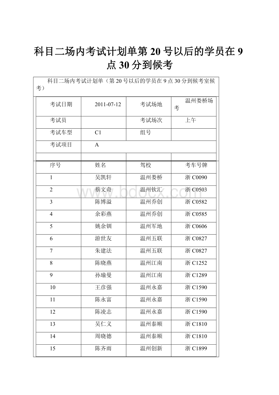 科目二场内考试计划单第20号以后的学员在9点30分到候考.docx_第1页