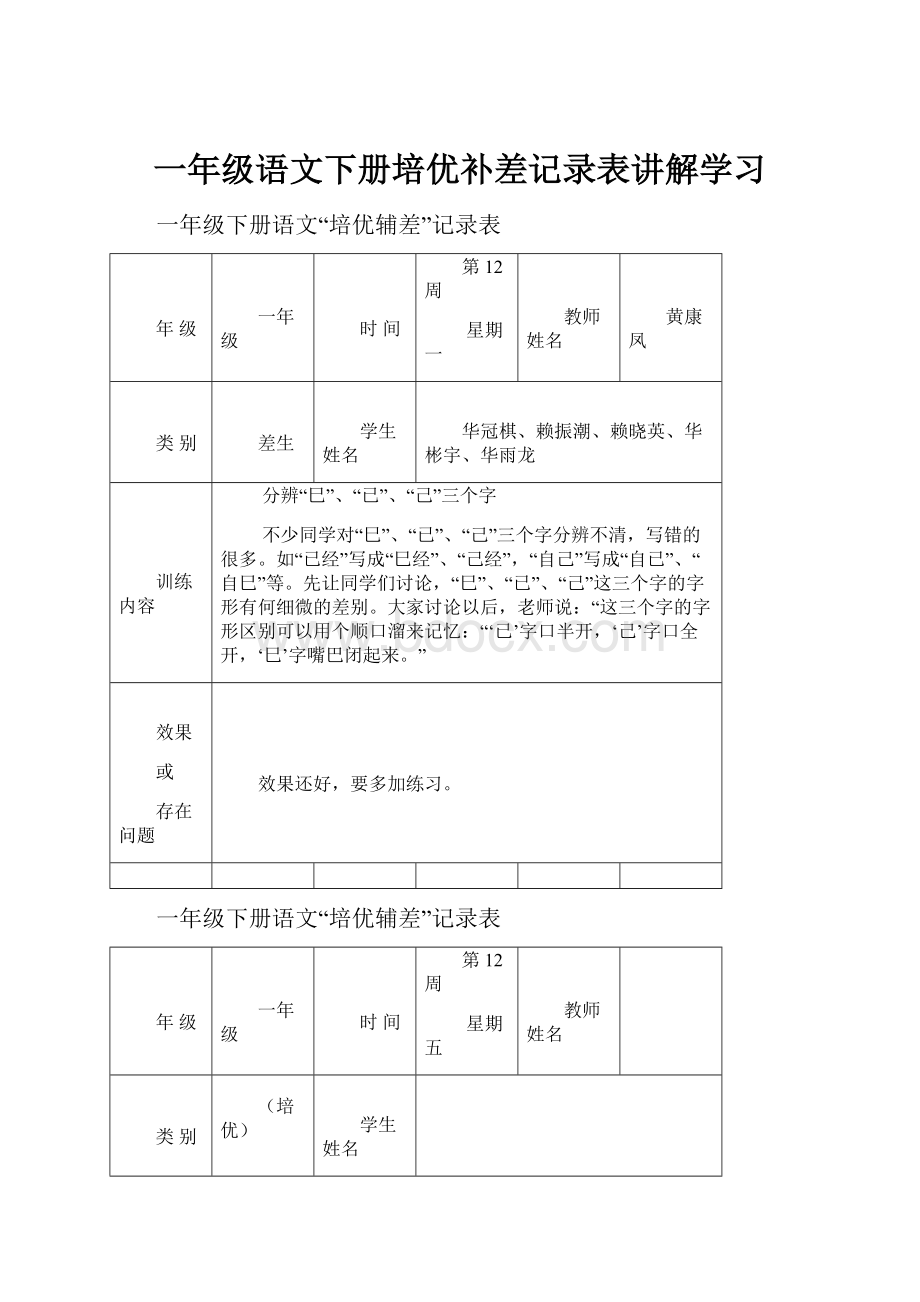 一年级语文下册培优补差记录表讲解学习.docx