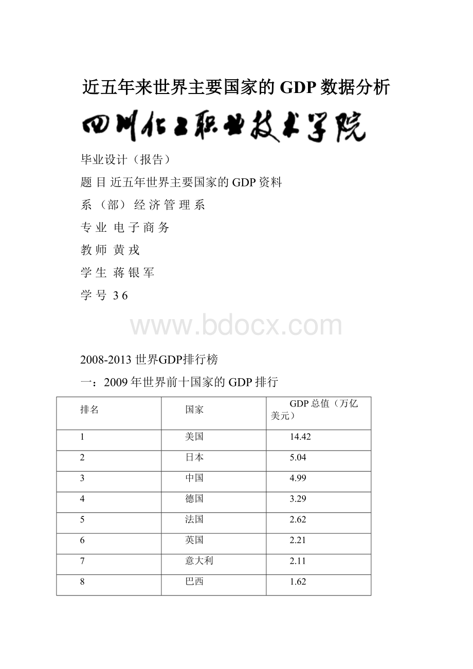 近五年来世界主要国家的GDP数据分析文档格式.docx_第1页