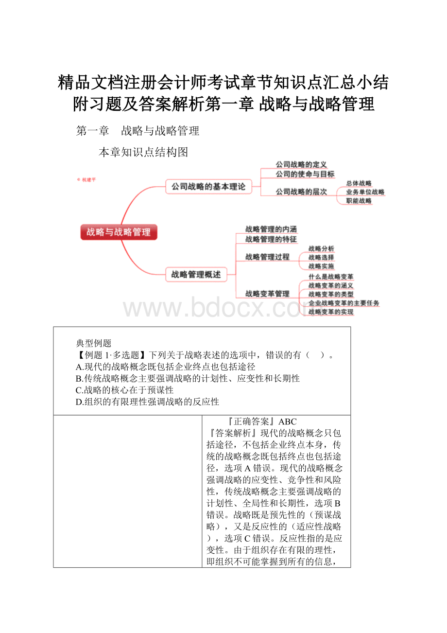 精品文档注册会计师考试章节知识点汇总小结附习题及答案解析第一章 战略与战略管理.docx_第1页