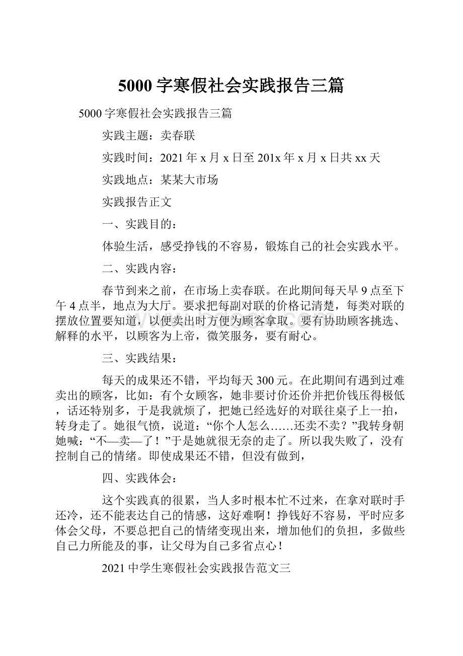 5000字寒假社会实践报告三篇.docx