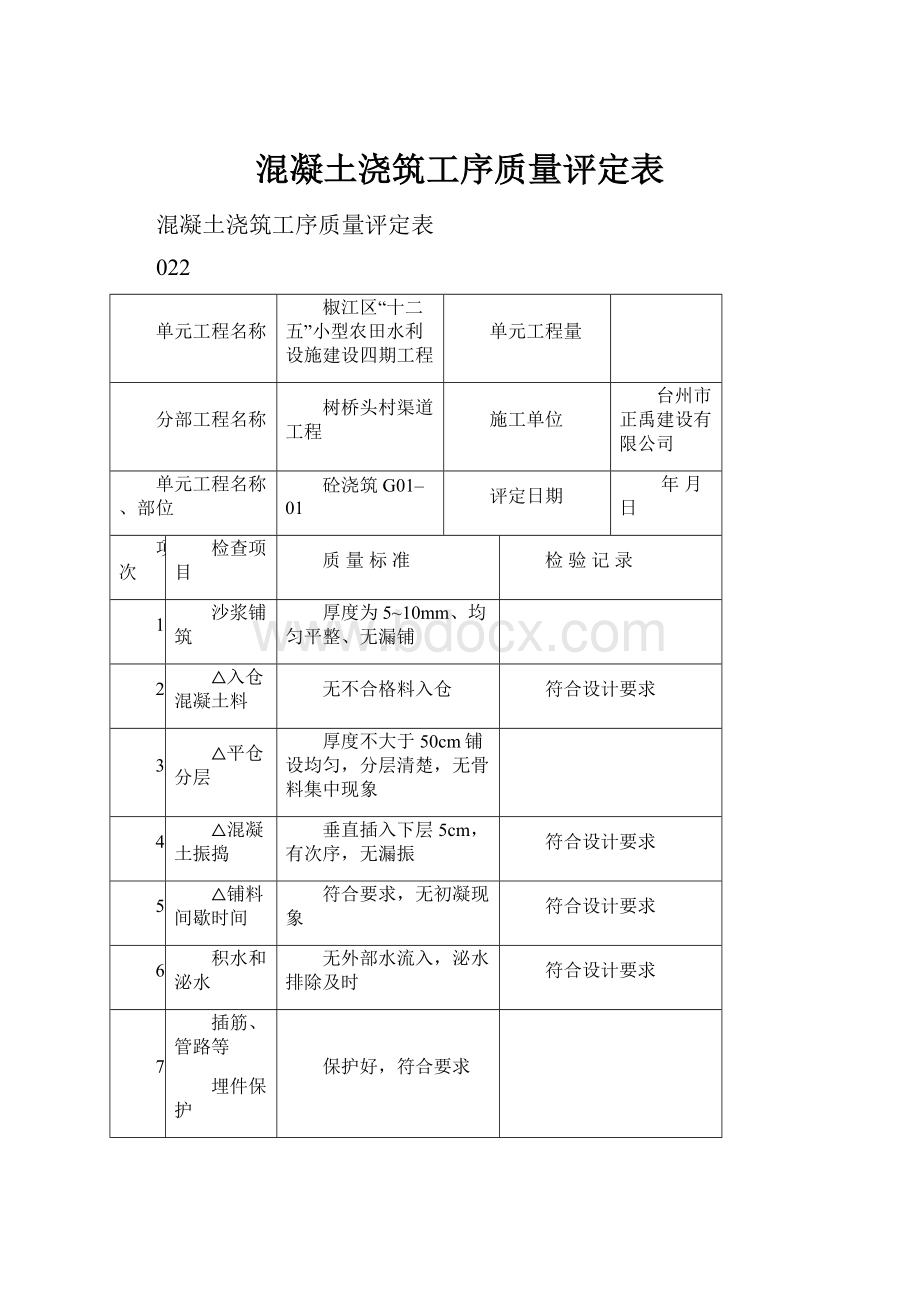 混凝土浇筑工序质量评定表.docx