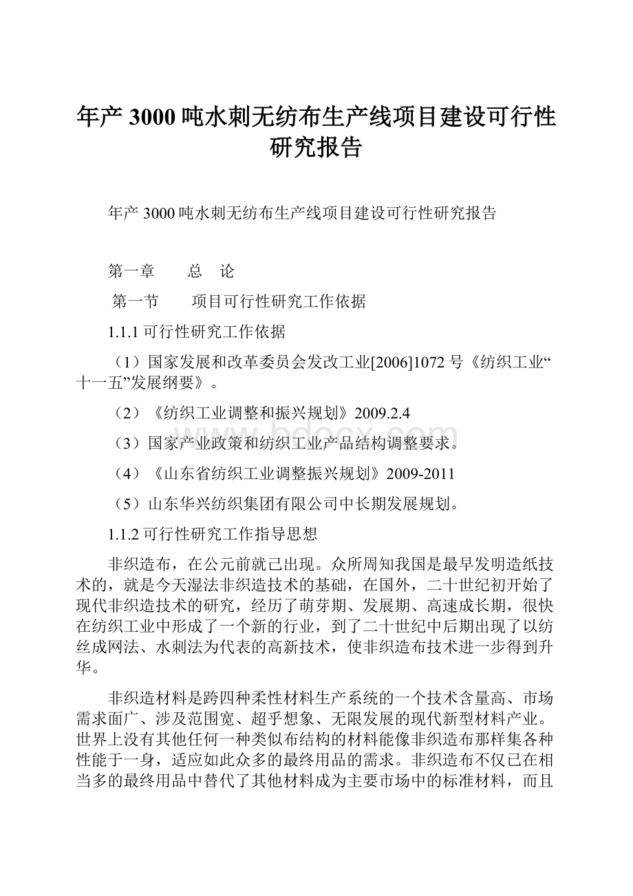 年产3000吨水刺无纺布生产线项目建设可行性研究报告Word下载.docx_第1页