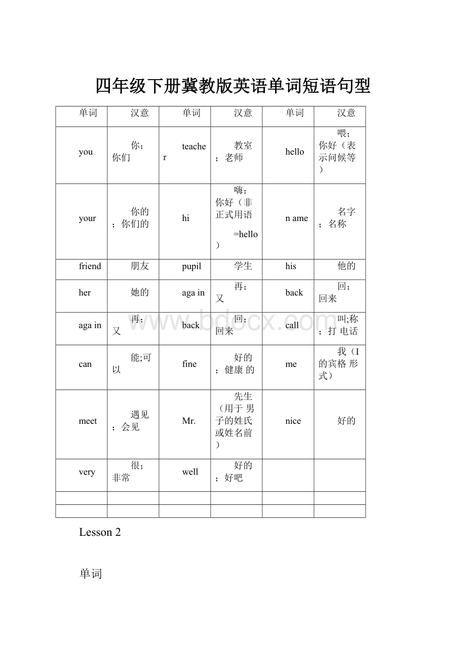 四年级下册冀教版英语单词短语句型.docx