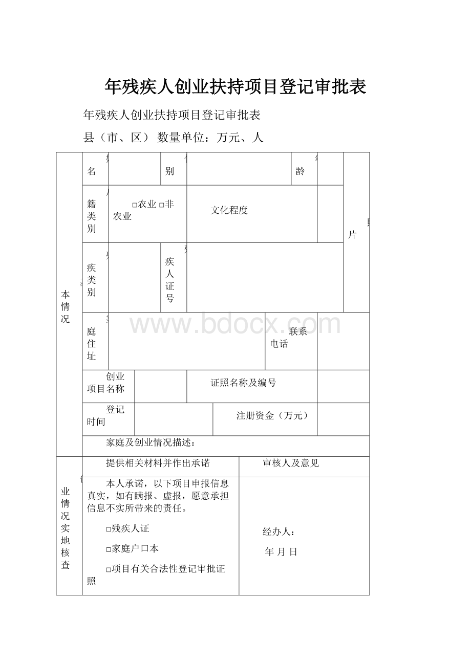 年残疾人创业扶持项目登记审批表文档格式.docx_第1页