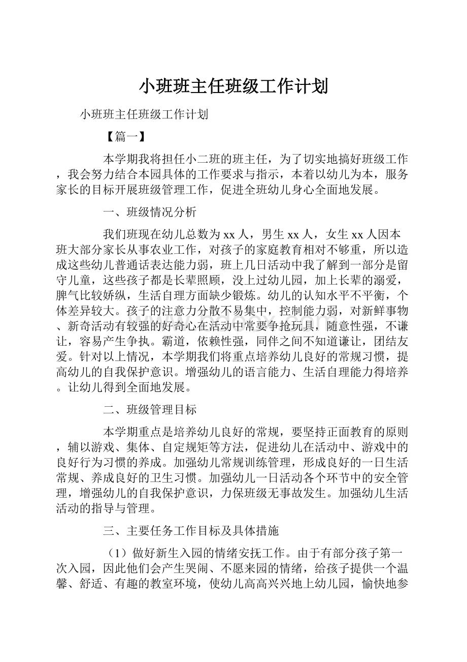 小班班主任班级工作计划.docx