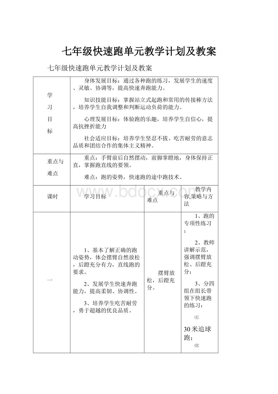 七年级快速跑单元教学计划及教案.docx_第1页