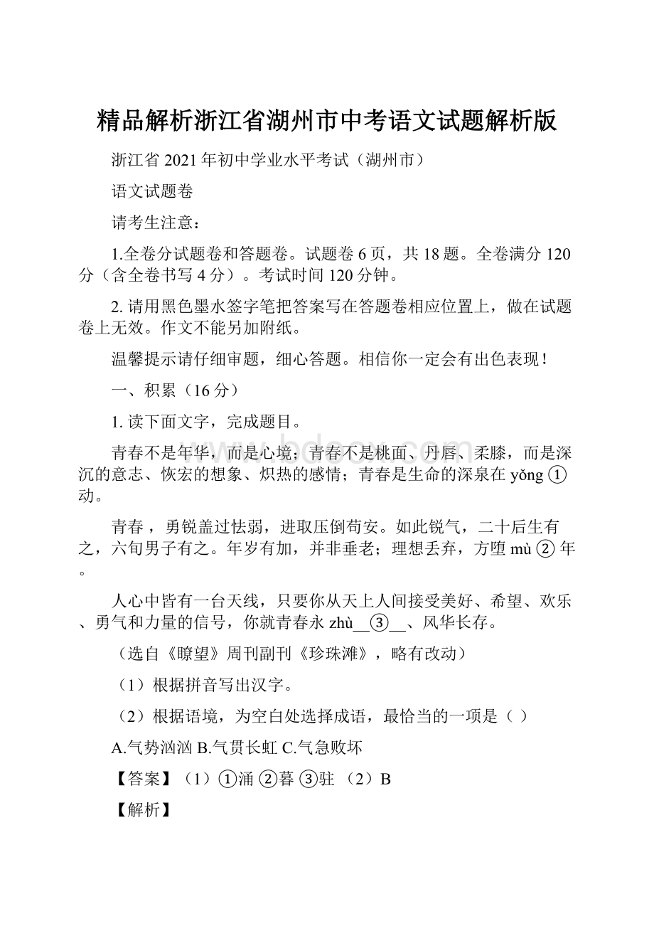 精品解析浙江省湖州市中考语文试题解析版.docx