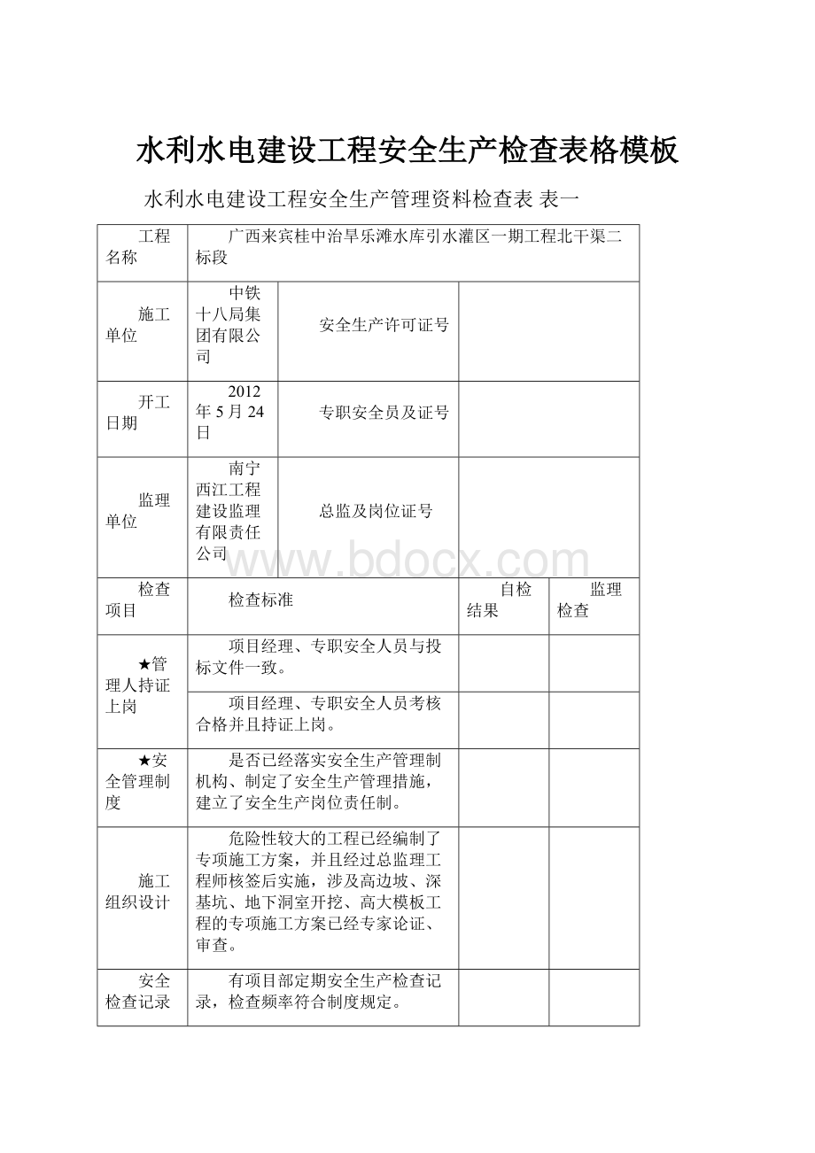 水利水电建设工程安全生产检查表格模板Word下载.docx