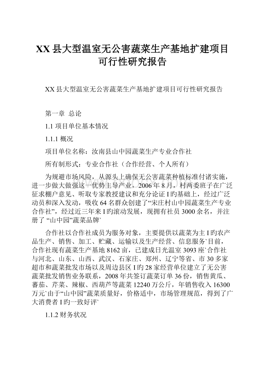 XX县大型温室无公害蔬菜生产基地扩建项目可行性研究报告.docx_第1页