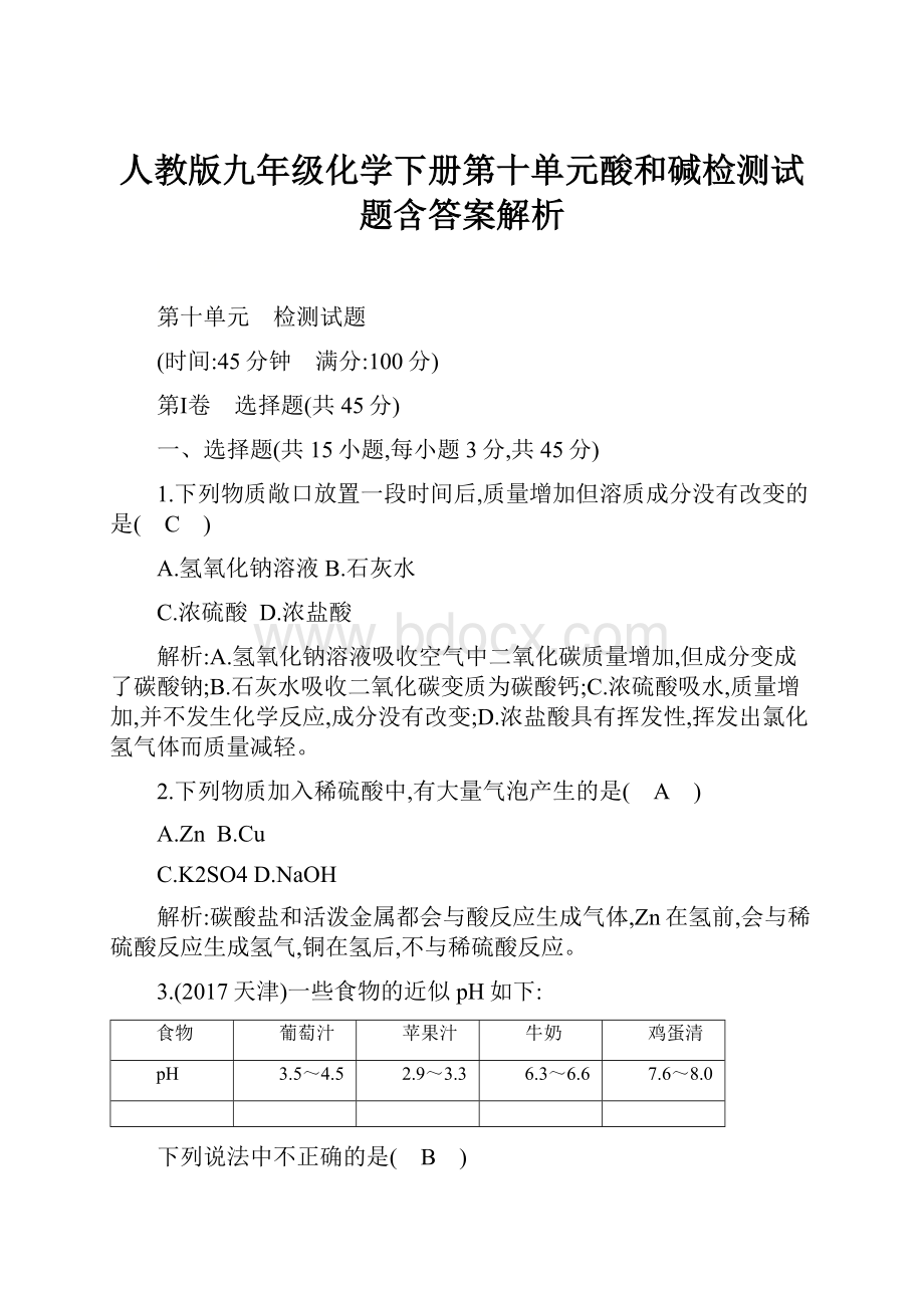 人教版九年级化学下册第十单元酸和碱检测试题含答案解析.docx_第1页