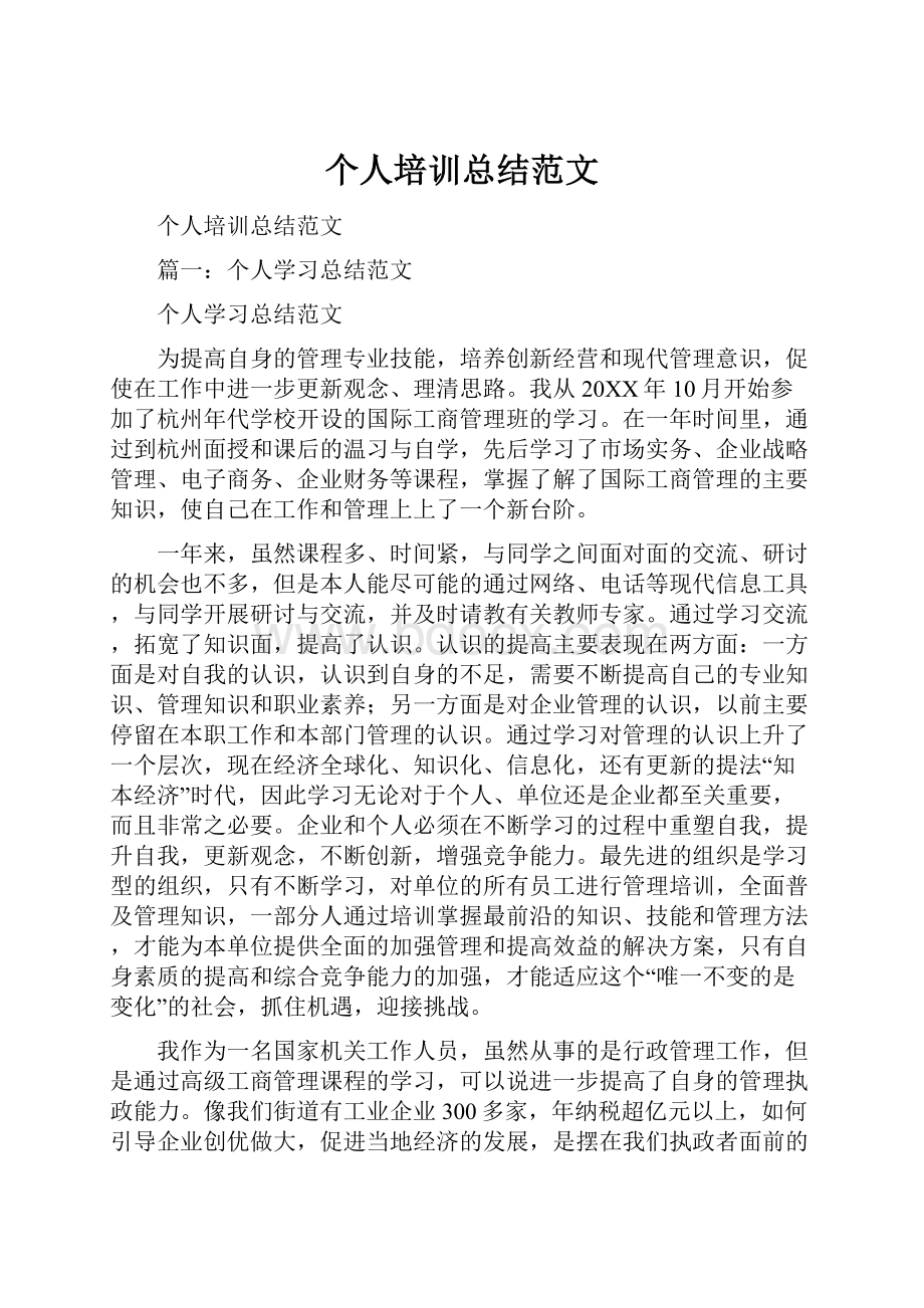 个人培训总结范文Word格式文档下载.docx